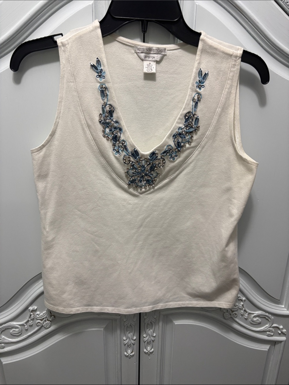 Petite Sophisticate Cream V-Neck Camisole with Blue Bead Embellishment - M